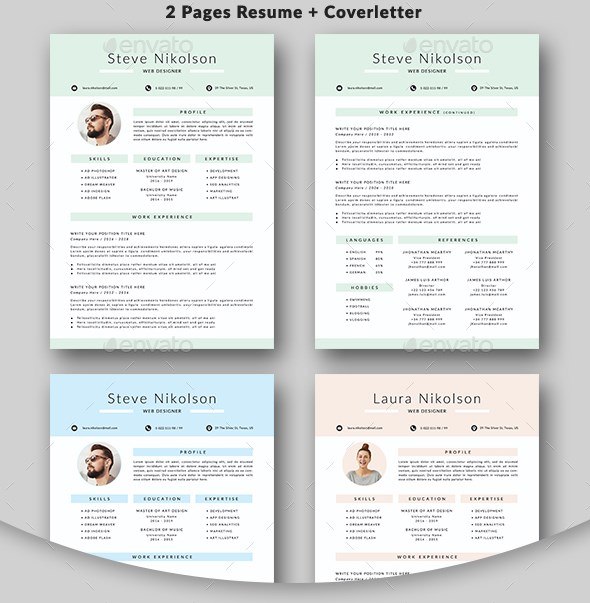 3 2 pages resume cover and 3 colors layouts