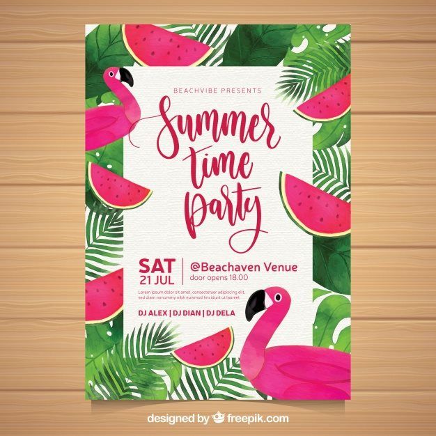 Summer Party Invitation with Watermelons and Flamingos Summer Party Invitation with Watermelons and Flamingos